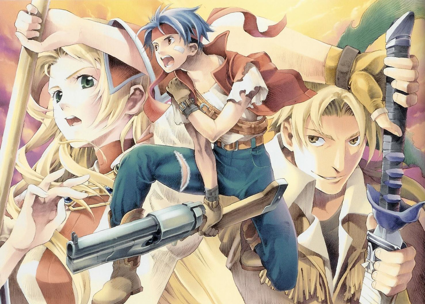 2boys angry bandages belt blonde_hair blue_hair boots brown_eyes cecilia_lynne_adelhyde coat cowboy_boots denim full_body gloves green_eyes gun headband jack_van_burace jeans jewelry kneeling long_hair multiple_boys official_art ooba_wakako open_mouth pants red_vest rody_roughnight scan scan_artifacts smile sword vest wand weapon wild_arms wild_arms_1