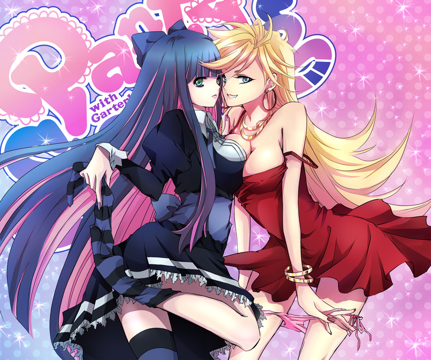 asymmetrical_docking bare_shoulders blonde_hair blue_eyes bow breast_press breasts cleavage covered_nipples dress earrings green_eyes grin hair_bow jewelry large_breasts long_hair mizuiro_tomato multicolored_hair multiple_girls nail_polish necklace panties panty_&amp;_stocking_with_garterbelt panty_(psg) panty_pull red_dress smile stocking_(psg) strap_slip striped striped_legwear thighhighs two-tone_hair underwear zettai_ryouiki