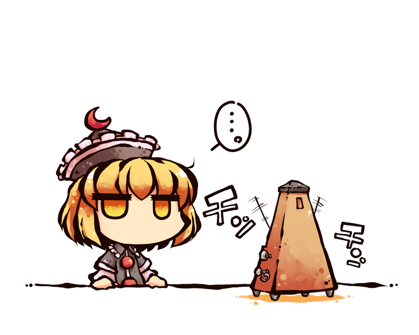 1girl blonde_hair chibi crescent expressionless hat jitome lunasa_prismriver metronome okome_(kome_kuma) simple_background solo touhou yellow_eyes