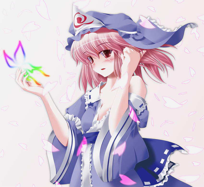 bare_shoulders blush bug butterfly commentary_request hair_flip hat highres insect japanese_clothes kimono off_shoulder petals pink_hair red_eyes saigyouji_yuyuko side_b solo touhou triangular_headpiece upper_body