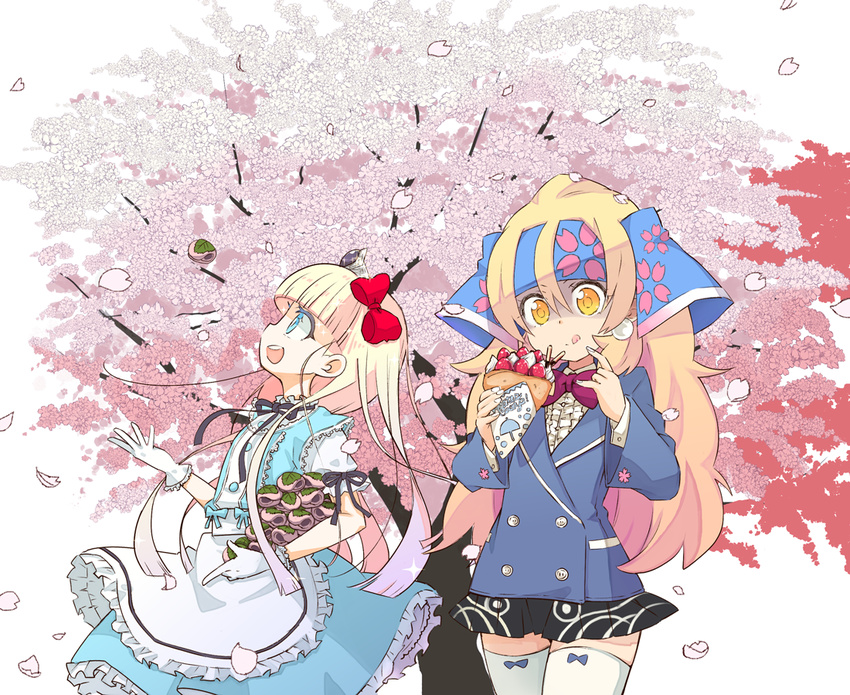 apron blonde_hair blue_dress blue_eyes bow cherry_blossoms crepe dress food frills fruit gloves hair_bow halo_(artist) hat jacket licking_lips long_hair multiple_girls original pocky skirt strawberry thighhighs throwing tongue tongue_out tree white_gloves white_legwear yellow_eyes zettai_ryouiki