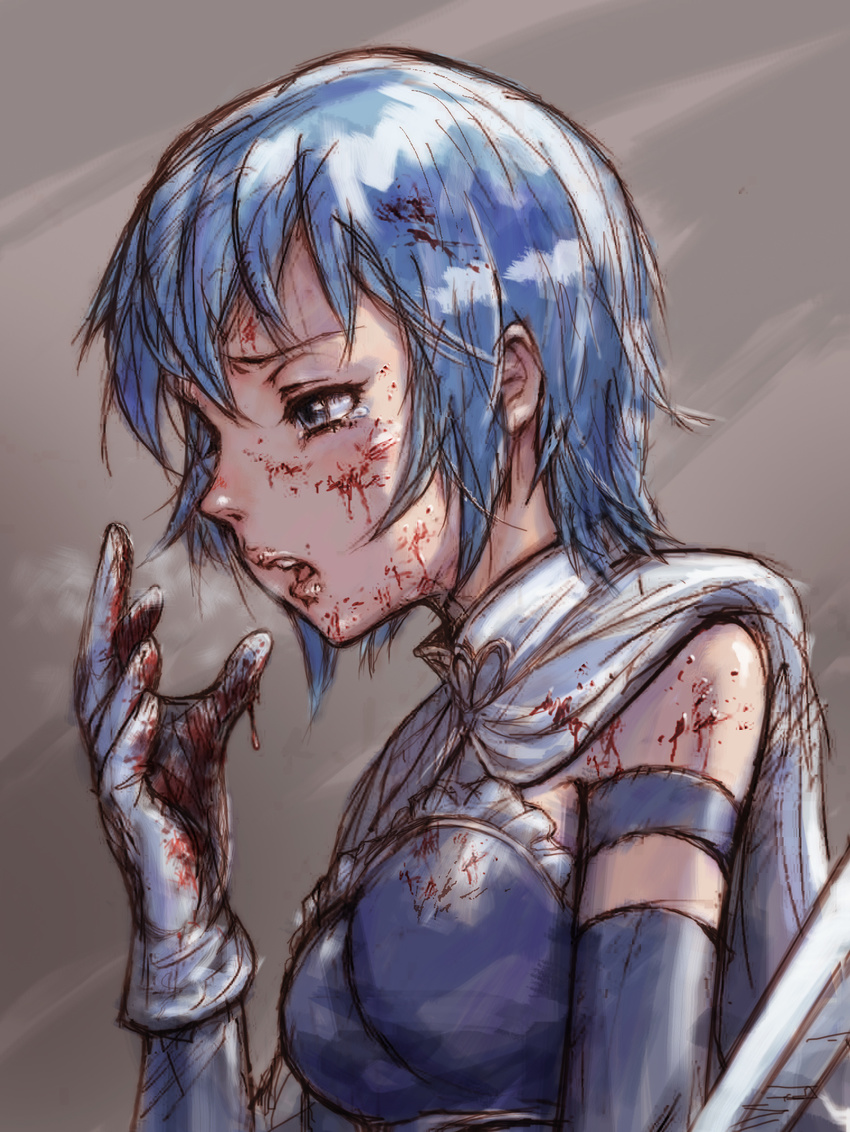 blood blue_eyes blue_hair cape close-up cuts face gloves hands highres injury lips magical_girl mahou_shoujo_madoka_magica miki_sayaka revision short_hair sketch solo tears upper_body white_gloves yoshikawa_kazunori