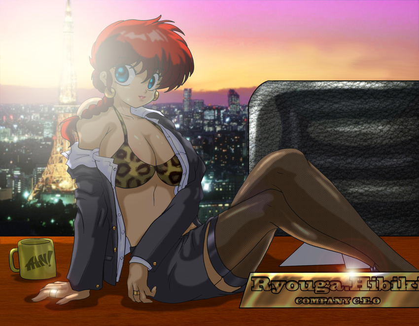 blue_eyes bra braid breasts cleavage contemporary crossed_legs desingahv highres large_breasts legs lingerie non-web_source office_lady open_clothes ranma_1/2 red_hair saotome_ranma sitting skirt solo thighhighs thighs underwear undressing