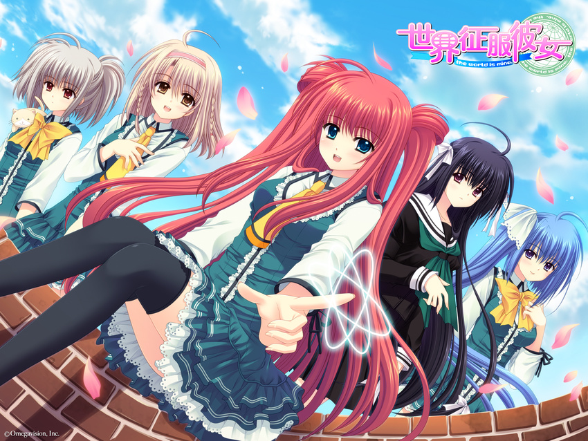 group hananomiya_ako kona_nako munemoto_tsubakiko nishimata_aoi seifuku sekai_seifuku_kanojo thighhighs touno_sakurako yamino_yumeko