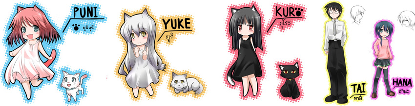 4girls animal_ears animalization black_dress cat cat_ears cat_tail catstudioinc_(punepuni) dress green_eyes highres kuro_(miku_plus) long_hair multiple_girls original pink_dress puni_(miku_plus) red_eyes red_hair short_hair silver_hair tail white_dress yellow_eyes yuki_(miku_plus)