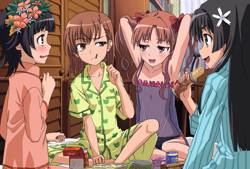 bad_id bad_pixiv_id black_panties blush bow bow_panties highres misaka_mikoto multiple_girls nightgown pajamas panties qin saten_ruiko shirai_kuroko smile to_aru_kagaku_no_railgun to_aru_majutsu_no_index uiharu_kazari underwear uneven_eyes