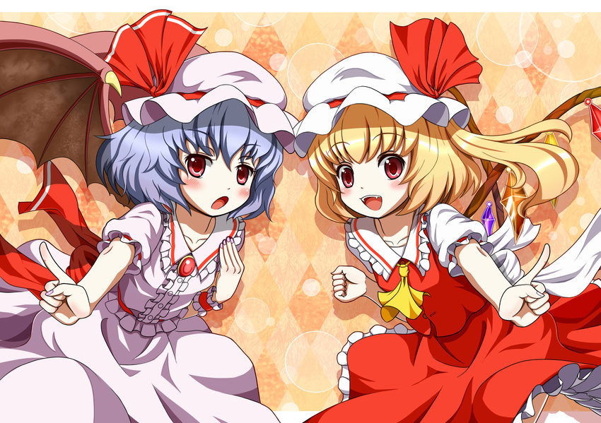 :o argyle argyle_background ascot bat_wings blonde_hair blue_hair fangs flandre_scarlet hat highres index_finger_raised mount_whip multiple_girls nail_polish open_mouth pointing red_eyes remilia_scarlet short_hair siblings side_ponytail sisters smile touhou wings