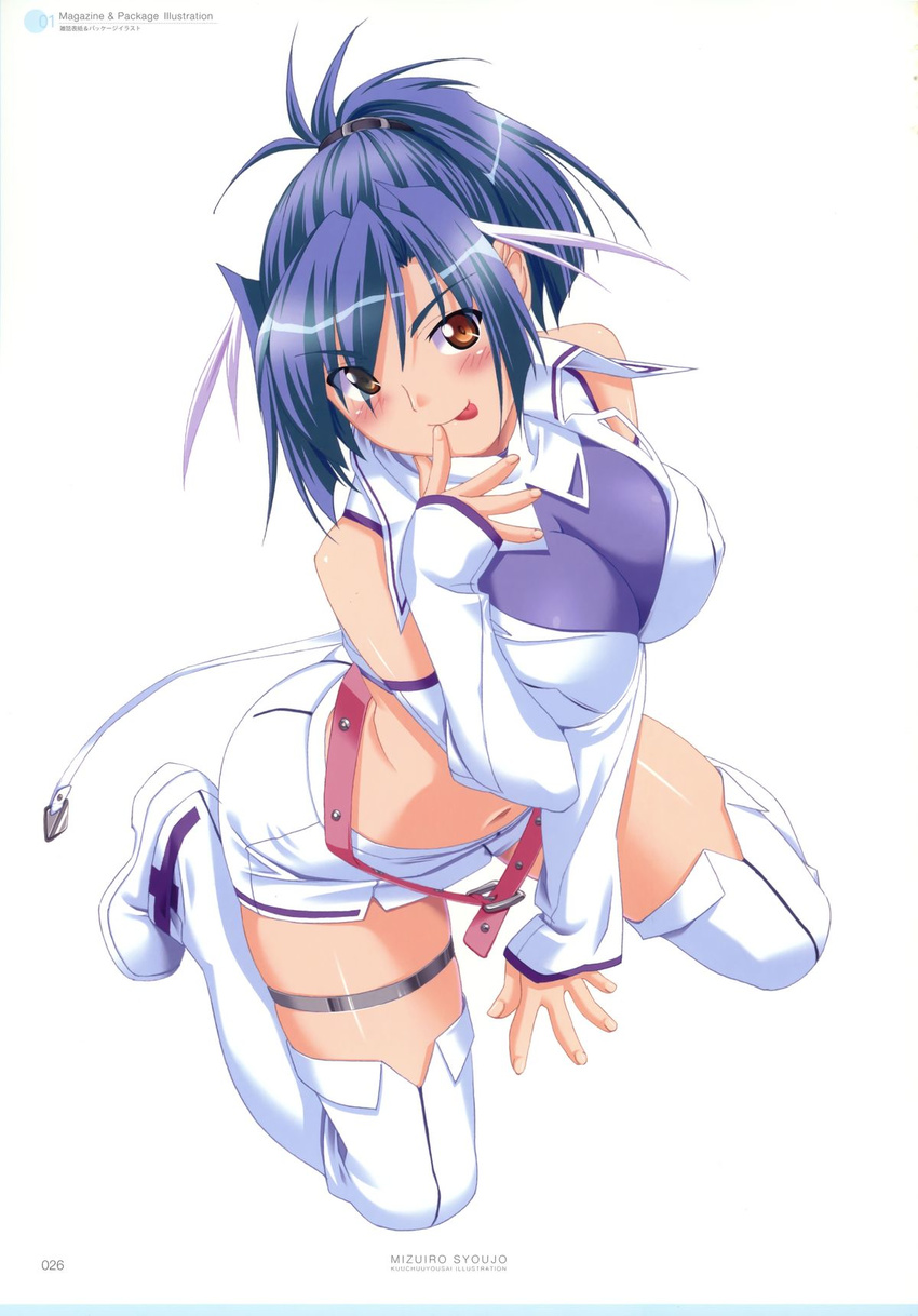 1girl bare_shoulders belt blue_hair blush breasts brown_eyes cleavage erect_nipples highres jordh kneeling kuuchuu_yousai large_breasts legs looking_at_viewer megachu! navel ponytail short_hair simple_background skirt smile thighs tongue tongue_out white_background