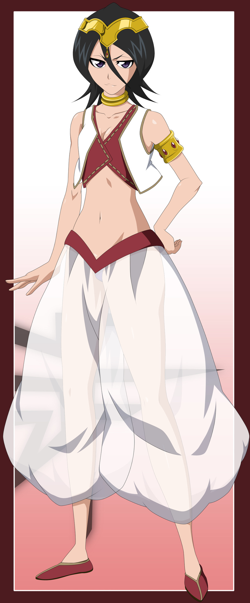 absurdres arabian_clothes armlet black_hair bleach flat_chest hair_between_eyes harem_outfit highres jewelry kuchiki_rukia midriff navel purple_eyes see-through short_hair solo tiara vector_trace