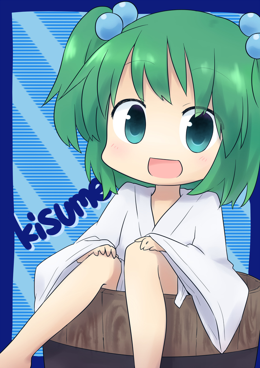 absurdres blue_eyes bucket chibi child green_hair hair_bobbles hair_ornament highres in_bucket in_container kisume short_hair solo touhou twintails wooden_bucket yamabuki_(yusuraume)