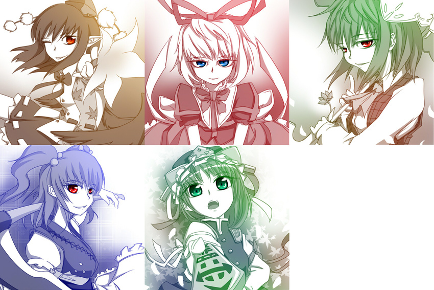 ascot blonde_hair blue_eyes bow bowtie brown_hair flower green_eyes green_hair hair_bobbles hair_bow hair_ornament hat homura_(silver_blaze) kazami_yuuka leaf light_smile long_skirt long_sleeves medicine_melancholy miniskirt multiple_girls one_eye_closed onozuka_komachi open_eyes open_mouth parasol phantasmagoria_of_flower_view pointy_ears purple_hair red_eyes rod_of_remorse scythe shameimaru_aya shiki_eiki short_hair short_sleeves skirt smile tongue touhou two_side_up umbrella upper_body weapon wings