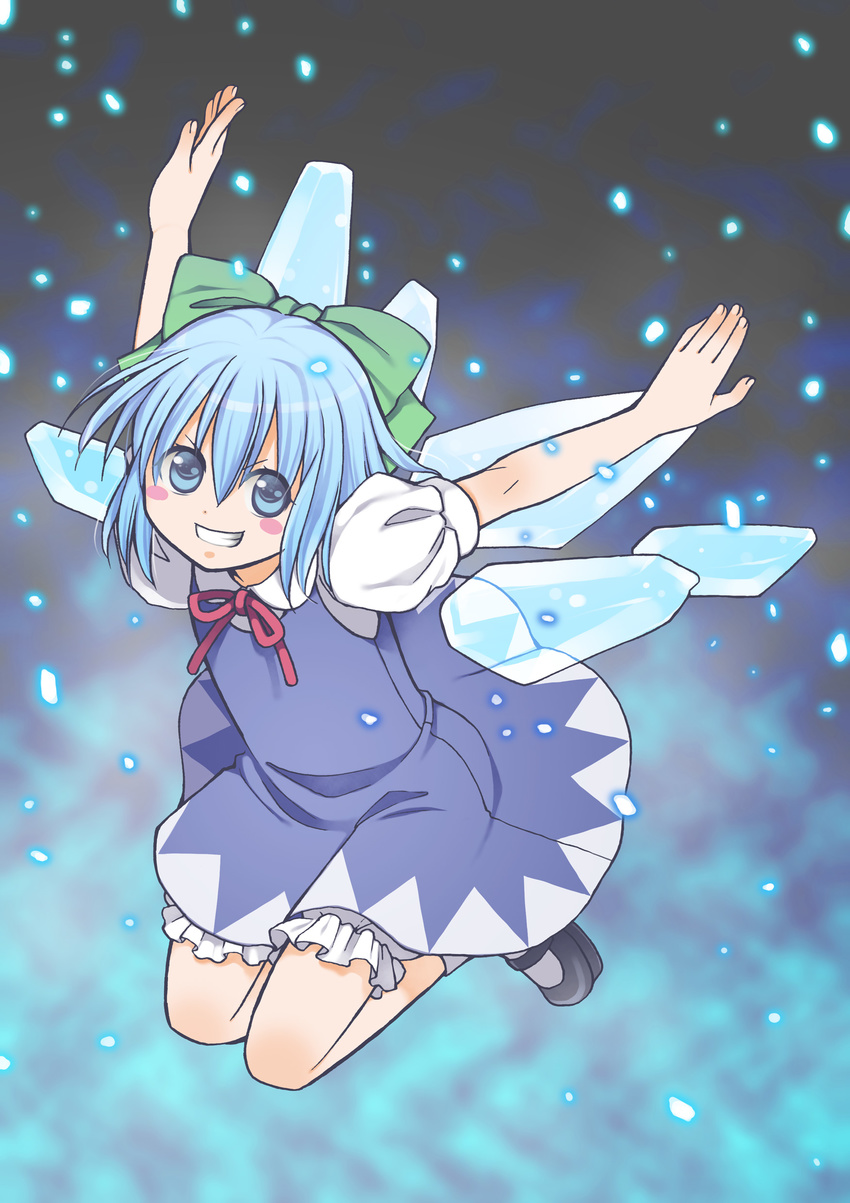 absurdres blush_stickers cirno grin highres jumping kurarin outstretched_arms smile snow solo spread_arms touhou wings
