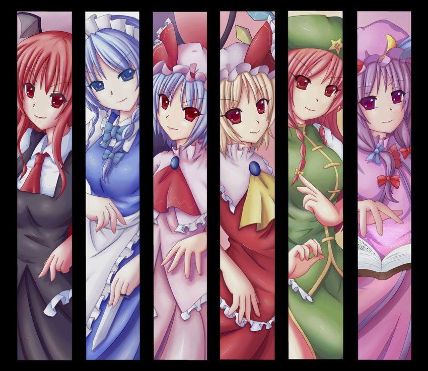 blonde_hair blue_hair book bow bowtie braid brooch column_lineup crescent flandre_scarlet hair_bow hat hat_ribbon head_wings hong_meiling izayoi_sakuya jewelry knife koakuma long_hair magic_circle maid maid_headdress multiple_girls necktie patchouli_knowledge purple_eyes purple_hair red_eyes red_hair remilia_scarlet ribbon short_hair touhou twin_braids uzura_purin wings