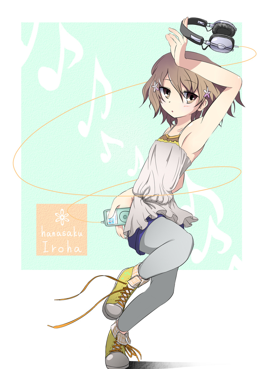 absurdres arm_up armpits blush brown_eyes brown_hair digital_media_player flower hair_flower hair_ornament hanasaku_iroha headphones highres keizoo leg_up matsumae_ohana musical_note open_mouth pantyhose shoelaces short_hair solo untied