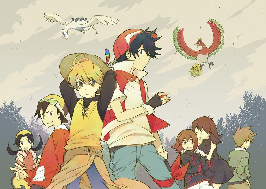 4boys backwards_hat baseball_cap belt bird blonde_hair blue_(pokemon) boots brown_hair crystal_(pokemon) feathers gen_2_pokemon gold_(pokemon) hami_(lvct) hat highres ho-oh holding holding_poke_ball legendary_pokemon lugia multiple_boys multiple_girls ookido_green poke_ball pokemon pokemon_(creature) pokemon_special red_(pokemon) reverse_trap silver_(pokemon) sun_hat tabard turtleneck wings yellow_(pokemon)