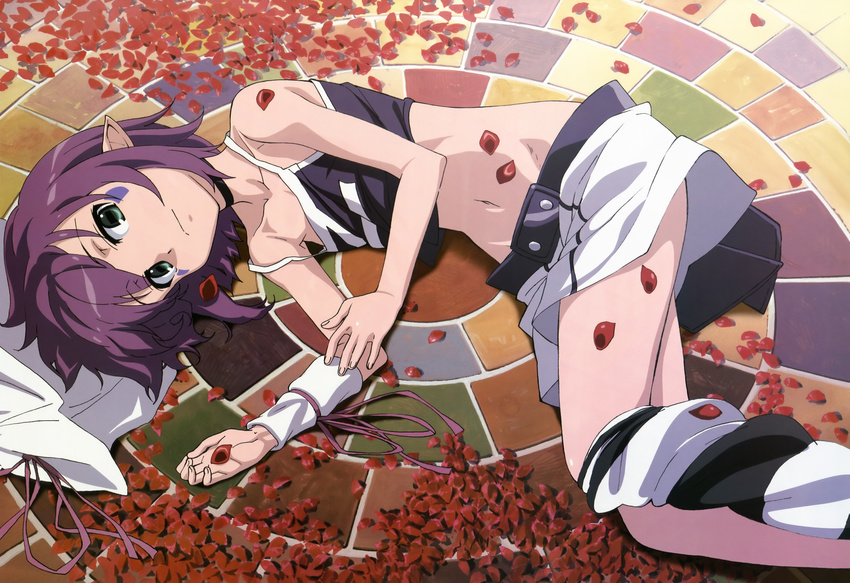 absurdres bare_shoulders detached_sleeves fujii_masahiro green_eyes groin hat hat_removed headwear_removed highres leaf lying merry_nightmare midriff navel non-web_source nyantype official_art on_ground on_side petals pointy_ears purple_hair ribbon short_hair skirt solo striped striped_legwear yumekui_merry