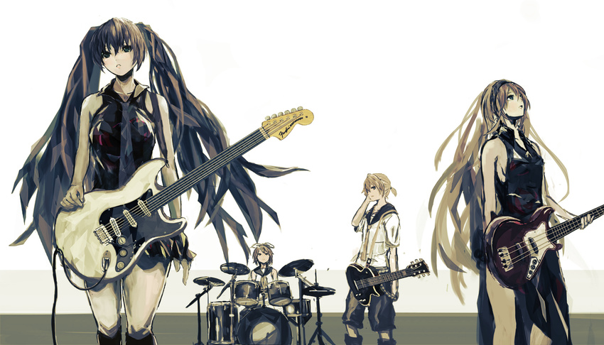 3girls bad_id bad_pixiv_id banned_artist bass_guitar bow drum fender guitar hair_bow hatsune_miku instrument kagamine_len kagamine_rin megurine_luka multiple_girls seafh twintails vocaloid