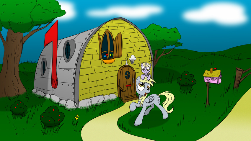 blonde_hair clever cub cutie_mark derp derpy_hooves_(mlp) dinky_hooves_(mlp) equine female feral flower food friendship_is_magic hair horn horns horse house mailbox mammal muffin my_little_pony pegasus pony tree unicorn unknown_artist wings wood young