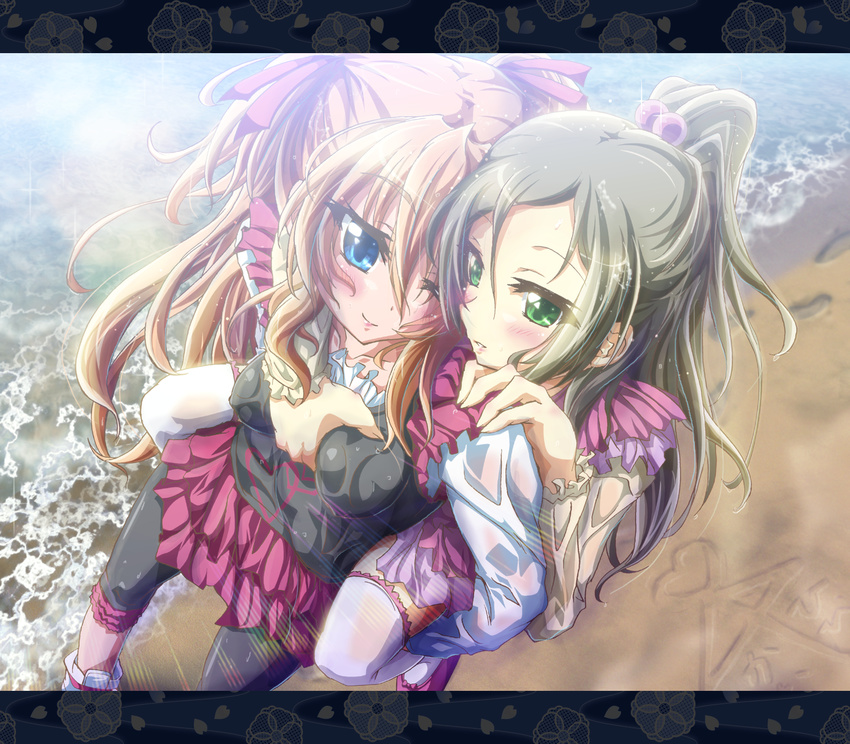 ai_ai_gasa blue_eyes blush breast_grab breasts brown_hair capri_pants carrying grabbing green_eyes green_hair half_updo highres houjou_hibiki inoshishi_(ikatomo) letterboxed long_hair medium_breasts minamino_kanade multiple_girls pants piggyback precure see-through suite_precure thighhighs two_side_up wet yuri