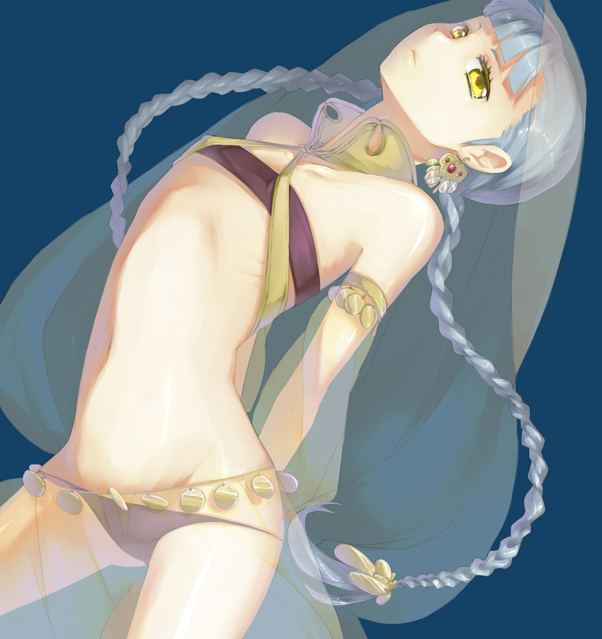 bad_id bad_pixiv_id blue_hair braid chito04 earrings flat_chest highres jewelry long_hair lowleg original panties simple_background solo twin_braids underwear yellow_eyes