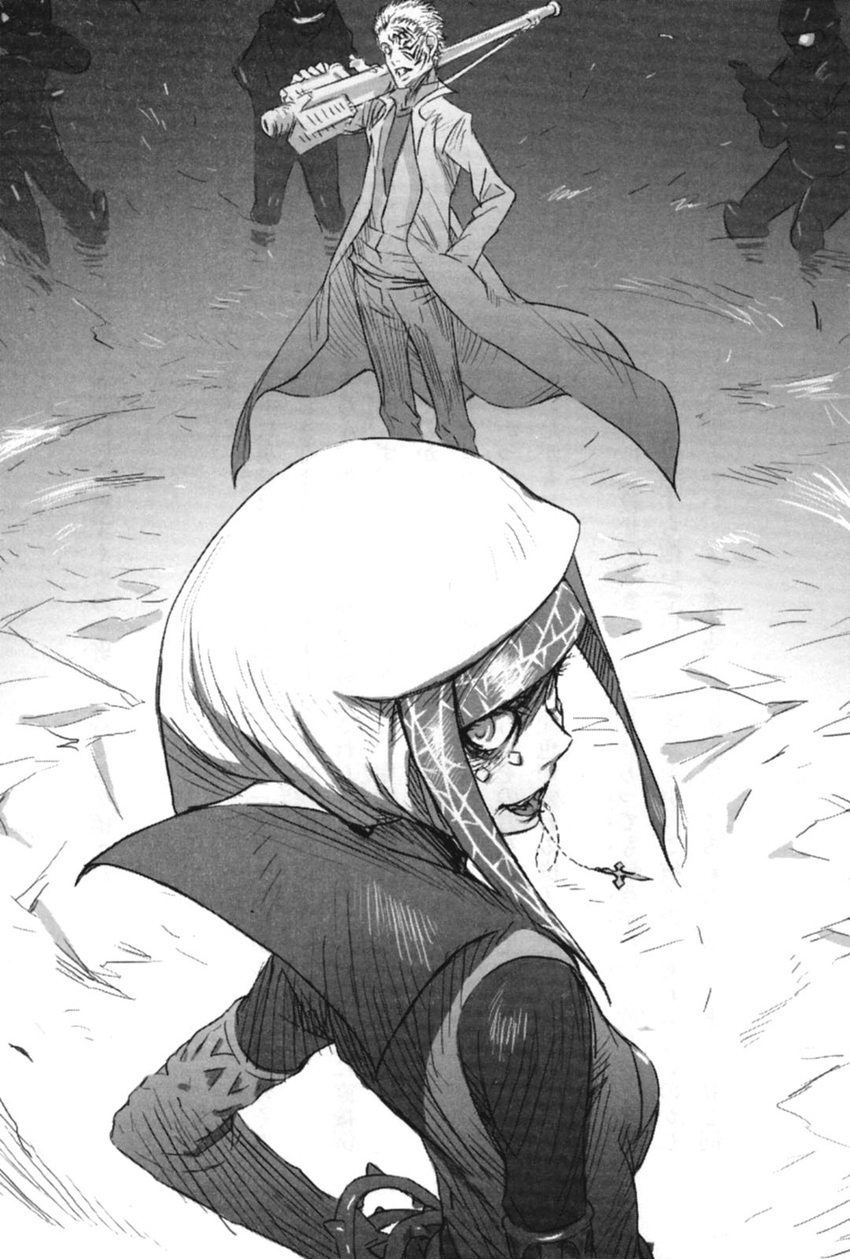 1girl expressionless greyscale gun hand_in_pocket head_scarf highres huge_weapon kihara_amata labcoat long_sleeves monochrome non-web_source short_hair sidelocks standing to_aru_majutsu_no_index vent_of_the_front weapon