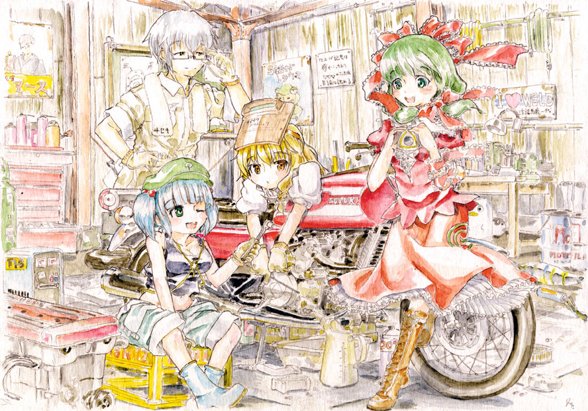 3girls alternate_costume blonde_hair boots crop_top cross-laced_footwear elizabeth_(gintama) garage gintama green_eyes green_hair ground_vehicle hair_bobbles hair_ornament hand_on_hip hidamari_sketch justaway kagiyama_hina kawashiro_nitori key kirisame_marisa lace-up_boots license_plate master_(4th) morichika_rinnosuke motor_vehicle motorcycle multiple_girls navel one_eye_closed tank_top touhou traditional_media ume-sensei watercolor_(medium) welding_mask wrench yellow_eyes