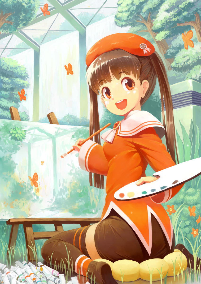 art_brush brown_hair bug butterfly canvas_(object) easel flower greenhouse hat highres insect kanini oekaki_musume orange_eyes original paint paint_tube paintbrush painting palette pillow smile solo thighhighs tree twintails