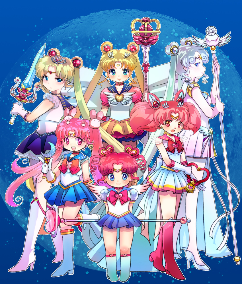 angel_wings back_bow banned_artist bishoujo_senshi_sailor_moon blonde_hair blue_eyes blue_sailor_collar blue_skirt blush boots bow brooch bunny_hair_ornament chibi_chibi chibi_usa choker colorized crescent double_bun drill_hair elbow_gloves eternal_sailor_moon eternal_tiare facial_mark forehead_mark full_body gloves hair_ornament hairpin heart heart_choker highres holding holding_staff holding_sword holding_wand holding_weapon jewelry knee_boots layered_skirt long_hair magical_girl multiple_girls multiple_persona pink_footwear pink_hair pink_sailor_collar pleated_skirt pointing poko_(mammypoko) pretty_guardian_sailor_moon princess_sailor_moon princess_sword red_bow red_choker red_eyes red_hair ribbon sailor_chibi_chibi sailor_chibi_moon sailor_collar sailor_cosmos sailor_moon sailor_senshi sailor_senshi_uniform serious short_hair sidelocks skirt staff super_sailor_chibi_moon suzuna_mine sword tiara tsukino_kousagi tsukino_usagi twintails wand weapon white_footwear white_gloves white_hair white_sailor_collar wings