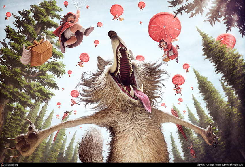 big_bad_wolf canine claws fangs female gaping_maw human imminent_vore little_red_riding_hood low-angle_shot male mammal mouth_shot open_mouth panties panty_shot parachute paws saliva sharp_teeth teeth tiago_hoisel tongue tongue_out tree underwear vore wolf