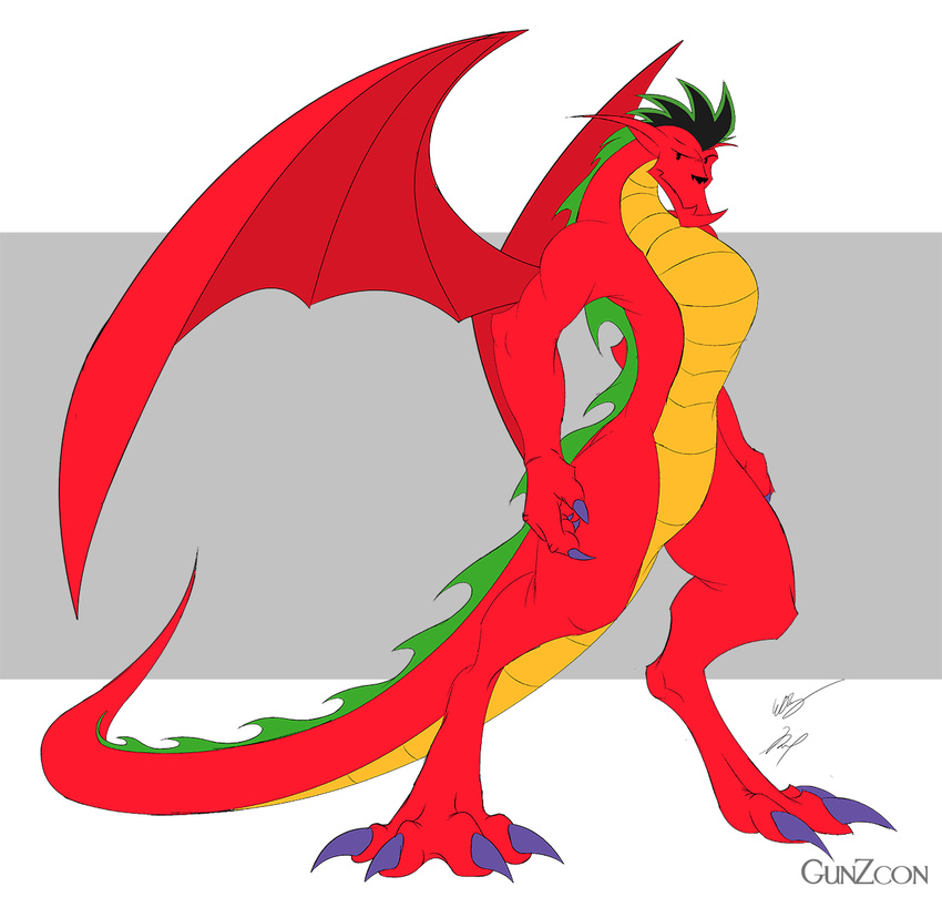 american_dragon:_jake_long chinese_dragon claws dragon fangs gunzcon jake_long lizard looking_at_viewer male muscles red red_eyes reptile scalie solo standing tail wings