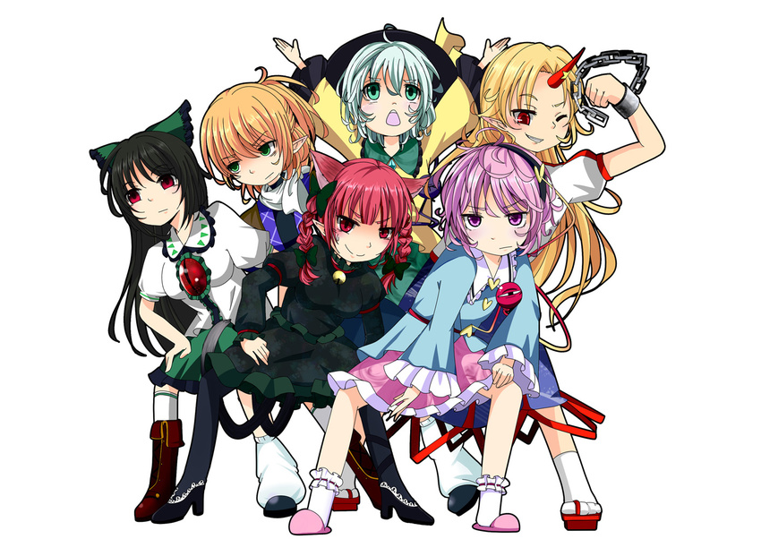 animal_ears black_hair blonde_hair bow braid cat_ears cat_tail chain choo_choo_train green_eyes green_hair hair_bow hat high_heels horn hoshiguma_yuugi kaenbyou_rin kayama_benio komeiji_koishi komeiji_satori mizuhashi_parsee multiple_girls multiple_tails nekomata one_eye_closed pantyhose pink_eyes pink_hair pose red_eyes red_hair reiuji_utsuho shoes simple_background smile smirk tail third_eye touhou twin_braids white_background