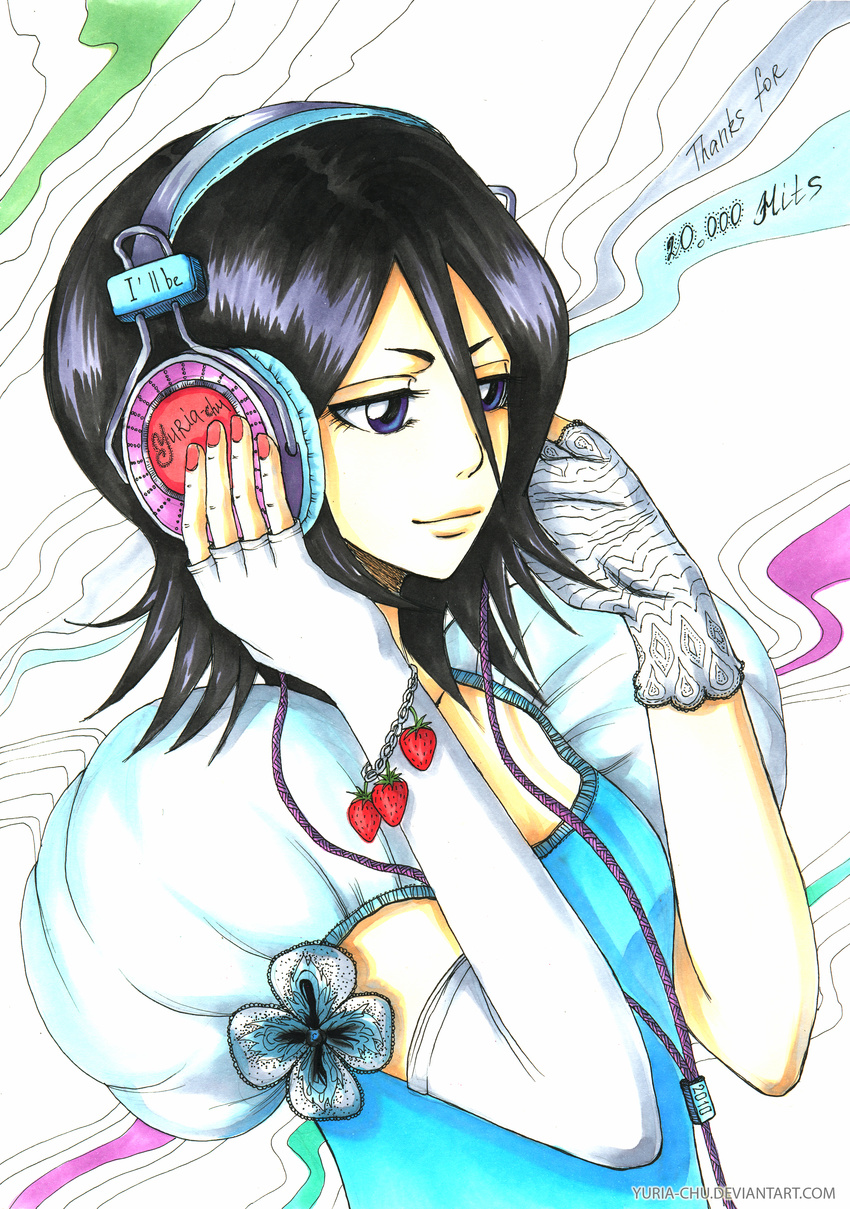 absurdres black_hair bleach blue_eyes deviantart_username elbow_gloves english fingerless_gloves food fruit gloves hair_between_eyes headphones highres hits kuchiki_rukia short_hair simple_background solo strawberry thank_you watermark web_address white_background yuria-chu