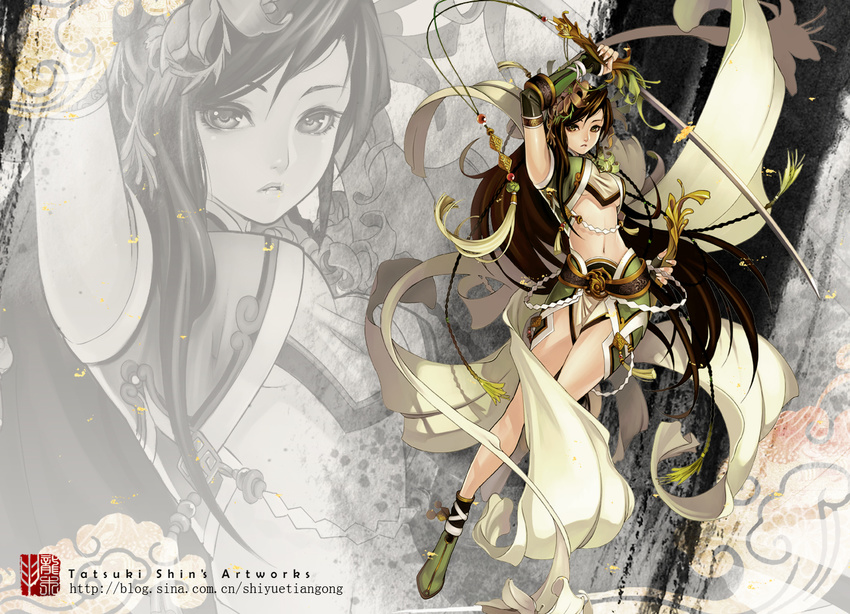 breasts brown_hair flower hair_flower hair_ornament katana lily_(flower) long_hair medium_breasts midriff navel sayo_tanku solo sword the_duke_of_mount_deer underboob very_long_hair weapon yellow_eyes zoom_layer