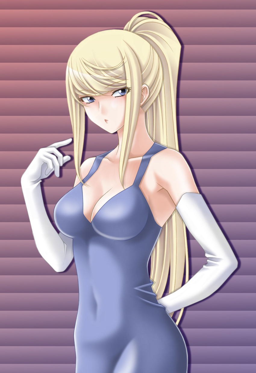 bare_shoulders blonde_hair blue_eyes breasts cleavage dress elbow_gloves gloves highres long_hair medium_breasts metroid ponytail samus_aran solo tamamon white_gloves