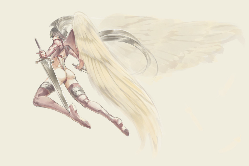 1girl angel_wings ass boots closed_mouth commentary_request final_fantasy final_fantasy_tactics gloves head_wings highleg leotard long_hair momigara_(mmgrkmnk) muscle red_legwear silver_hair simple_background solo sword thigh_boots thighhighs ultima_(fft) weapon wings