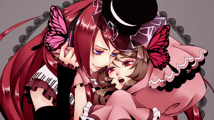 1girl bangs black_hat blue_eyes brown_hair butterfly_wings closed_mouth detached_sleeves face-to-face frilled_sleeves frills gloves hanaji hand_on_another's_head hand_on_headphones hand_on_own_head hat hat_ribbon head_tilt headphones headset hetero hood hug lace_background leaning_on_person long_hair looking_at_another magnet_(vocaloid) microphone namine_ritsu ooka_miko open_mouth otoko_no_ko pink_gloves pink_lips red_eyes red_hair ribbon see-through smile swept_bangs top_hat upper_body utau vippaloid vocaloid white_ribbon wings