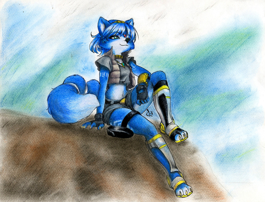 abluedeer blue canine epic female fox krystal midriff sitting solo star_fox video_games vixen
