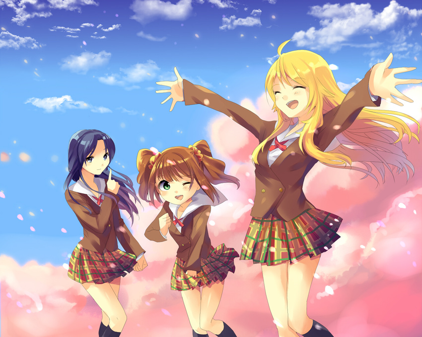 blonde_hair blue_hair brown_hair closed_eyes green_eyes hoshii_miki idolmaster idolmaster_(classic) idolmaster_2 kisaragi_chihaya long_hair mochiko_(mochiko3121) multiple_girls outstretched_arms petals plaid plaid_skirt school_uniform school_wear_(idolmaster) skirt spread_arms takatsuki_yayoi