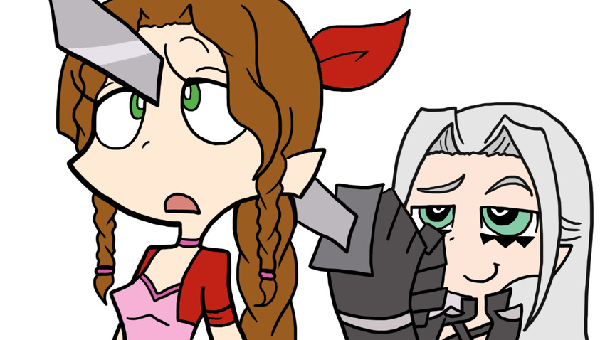 1girl aerith_gainsborough brown_hair final_fantasy final_fantasy_vii panty_&amp;_stocking_with_garterbelt parody sephiroth spoilers style_parody sword troll_face weapon