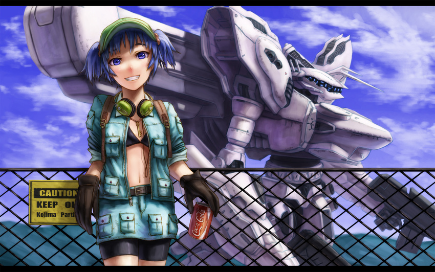 against_fence arm_support armored_core armored_core:_for_answer backpack bad_id bad_pixiv_id bag bike_shorts bikini_top blue_eyes blue_hair bra can chain-link_fence coca-cola english fence gloves grin gun hair_bobbles hair_ornament headphones highres kawashiro_nitori key kurione_(zassou) letterboxed mecha product_placement rifle short_hair sign sleeves_pushed_up sleeves_rolled_up smile soda_can solo touhou two_side_up underwear warning_sign weapon white_glint