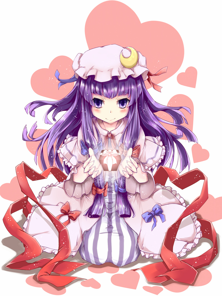 absurdres bad_id bad_pixiv_id blush bow crescent crystal_ball gift hat heart highres kneeling long_hair patchouli_knowledge purple_eyes purple_hair ribbon smile solo toor_0111 touhou