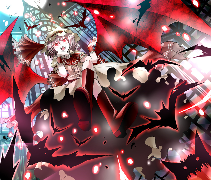 bad_id bad_pixiv_id bat bat_wings crossed_legs dress fang floating frills givuchoko hat hat_ribbon highres lavender_hair open_mouth purple_hair red_eyes remilia_scarlet ribbon short_hair sitting skirt smile solo touhou wings wrist_cuffs