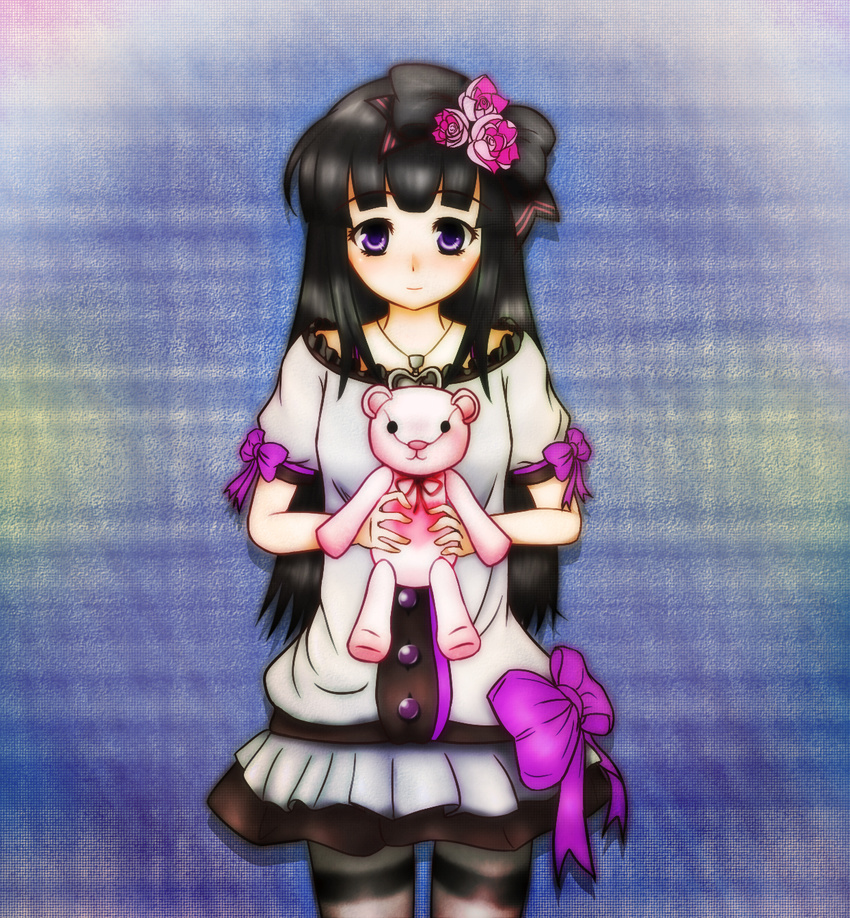 black_hair doll highres long_hair original purple_eyes ribbon saihamaru smile solo