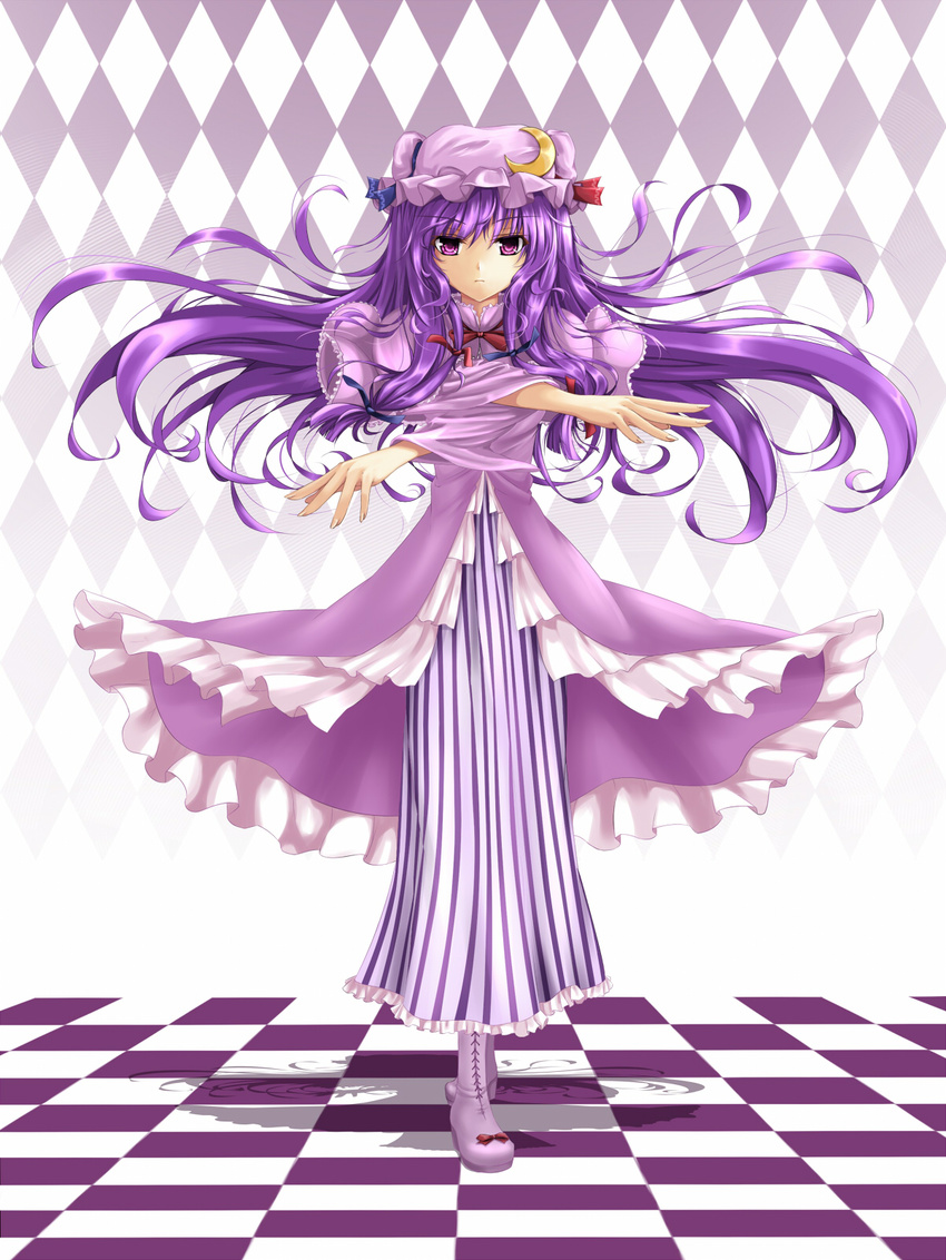 argyle argyle_background boots checkered checkered_floor cloudy.r crescent hat highres long_hair patchouli_knowledge purple_eyes purple_hair solo touhou