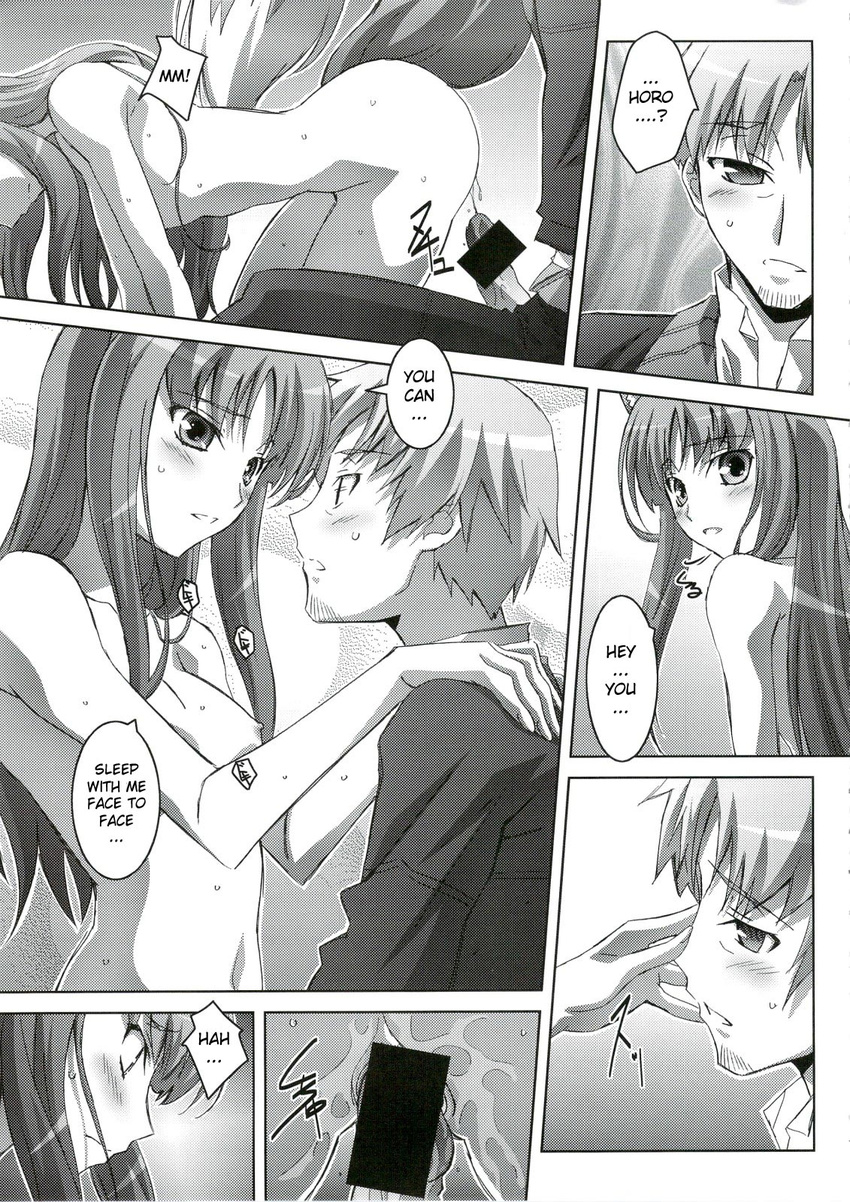 animal_ears breasts censored comic craft_lawrence cum doujin english_text female from_behind horo male ookami_to_koushinryou ookamimimi penis pussy sweat