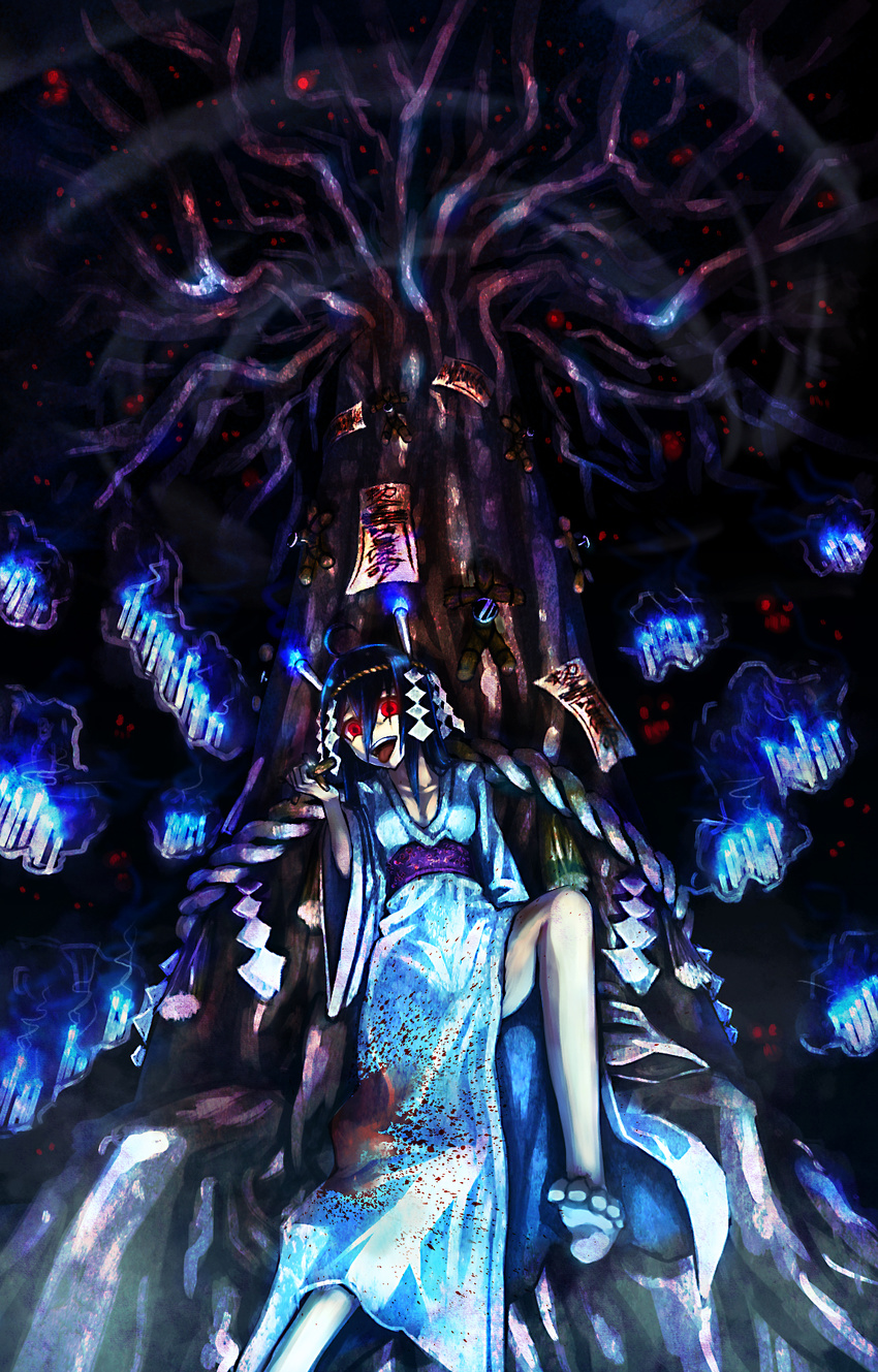 :p against_tree barefoot black_hair blood candle curse_doll_(getamped) female getamped highres japanese_clothes kimono night ofuda personification red_eyes rope samael_(5211) samael_2 shimenawa solo tongue tongue_out tree waraningyou