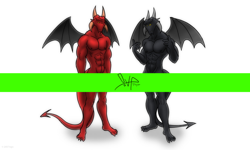 bgn demon grin hi_res horns male muscles nude scalie standing tail wings yellow_eyes