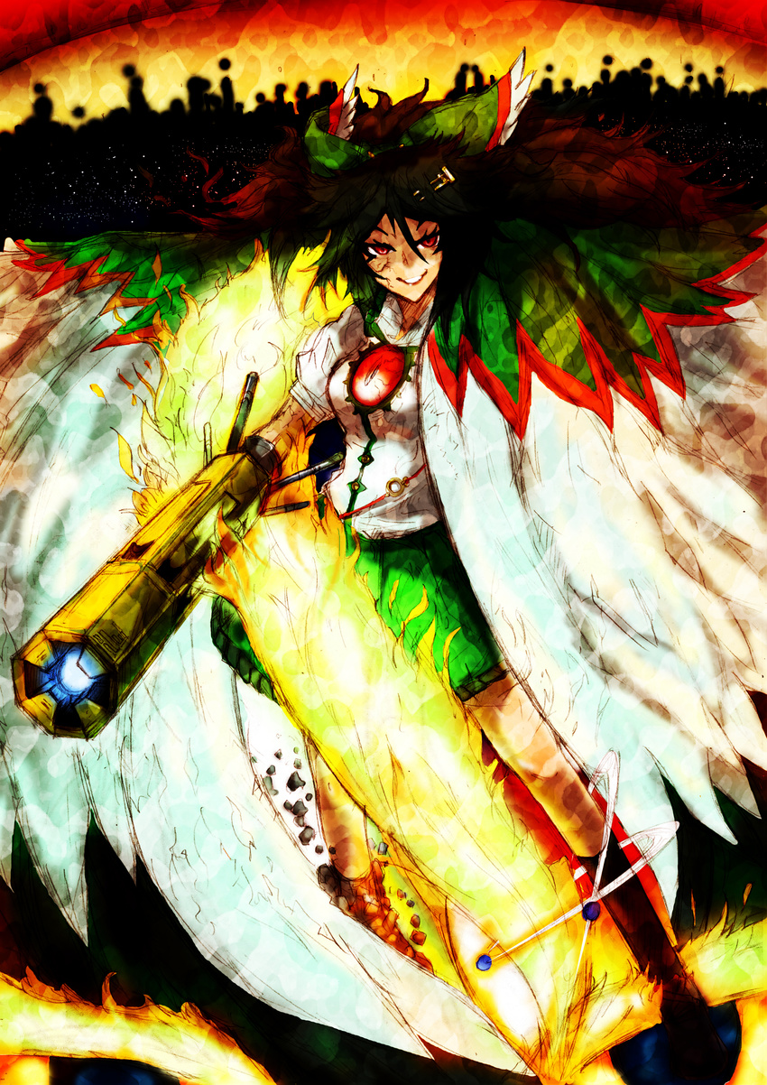 absurdres arm_cannon black_hair highres light_smile open_mouth red_eyes reiuji_utsuho solo sonjow4 touhou weapon wings