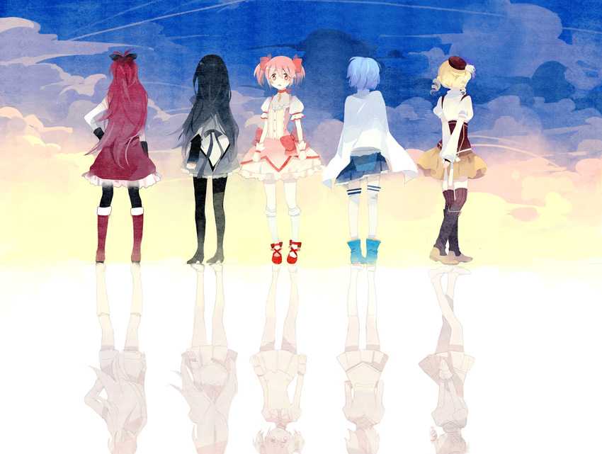 akemi_homura beret black_hair blonde_hair blue_hair boots cloud condensation_trail different_reflection drill_hair from_behind gloves hair_ornament hair_ribbon hand_on_hip hat highres kaname_madoka long_hair magical_girl mahou_shoujo_madoka_magica mig_(36th_underground) miki_sayaka multiple_girls pantyhose pink_eyes pink_hair puffy_sleeves red_hair reflection ribbon sakura_kyouko school_uniform short_hair short_twintails skirt sky standing thigh_boots thighhighs tomoe_mami twin_drills twintails