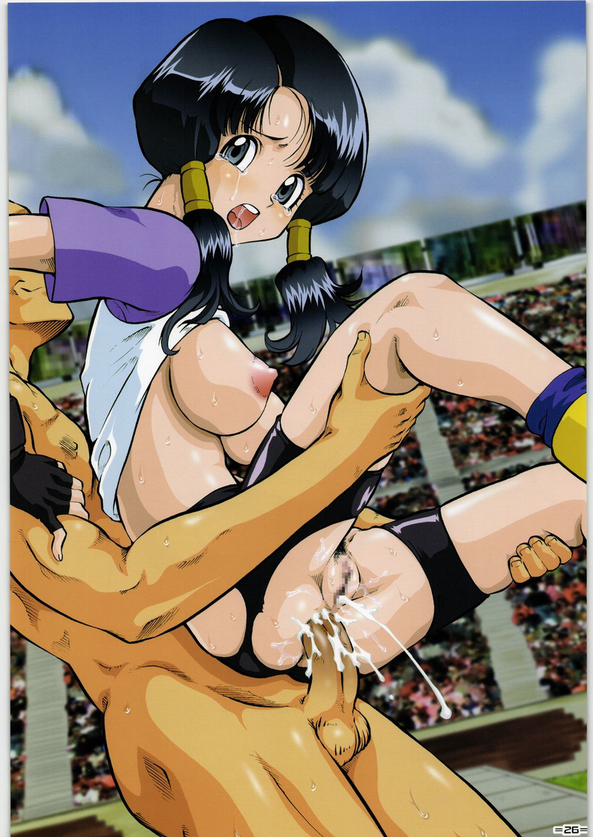 anal black_hair breasts censored cum cum_in_pussy cum_inside cumdrip dragon_ball highres no_bra pubic_hair public public_sex rape sex shirt_lift torn_clothes tsurikichi_doumei twintails umedama_nabu videl